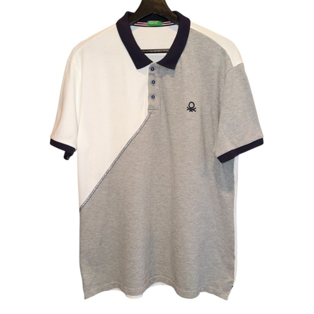 United Colors of Benetton Mens L Colorblock Polo Shirt Grey White Navy